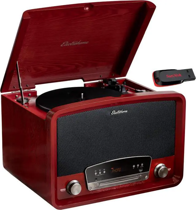 Main image of Electrohome Kingston 7-in-1 Vintage Vinyl Record Player Stereo System - 3-Speed Turntable Bluetooth AM/FM Radio CD Aux In RCA/Headphone Out Vinyl/CD to MP3 Recording & USB Playback w/ 32GB USB Drive