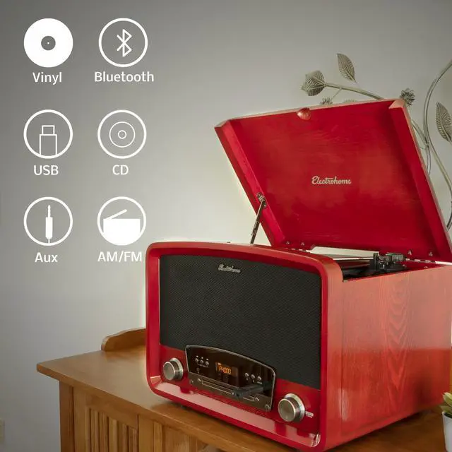 Alt view image 4 of 7 - Electrohome Kingston 7-in-1 Vintage Vinyl Record Player Stereo System - 3-Speed Turntable Bluetooth AM/FM Radio CD Aux In RCA/Headphone Out Vinyl/CD to MP3 Recording & USB Playback w/ 32GB USB Drive
