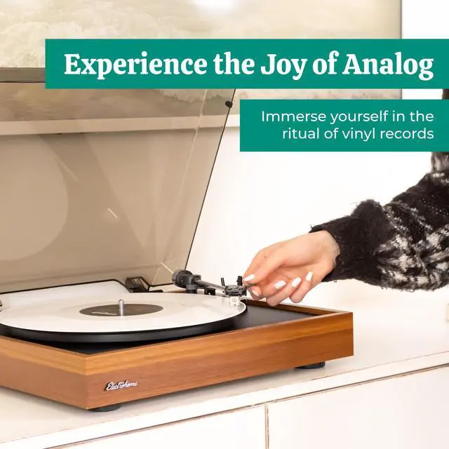 Alt view image 6 of 7 - Electrohome Montrose Vinyl Record Player 2-Speed Belt-Drive Turntable, with Audio-Technica Stylus, Speed Control Motor, Built-in Preamp, Wood Plinth, Anti-resonant Platter, Auto-Stop