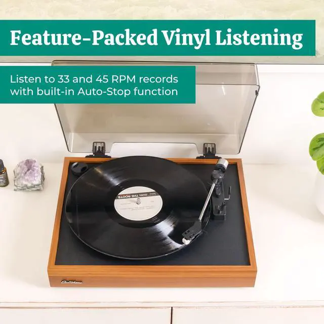 Alt view image 5 of 7 - Electrohome Montrose Vinyl Record Player 2-Speed Belt-Drive Turntable, with Audio-Technica Stylus, Speed Control Motor, Built-in Preamp, Wood Plinth, Anti-resonant Platter, Auto-Stop