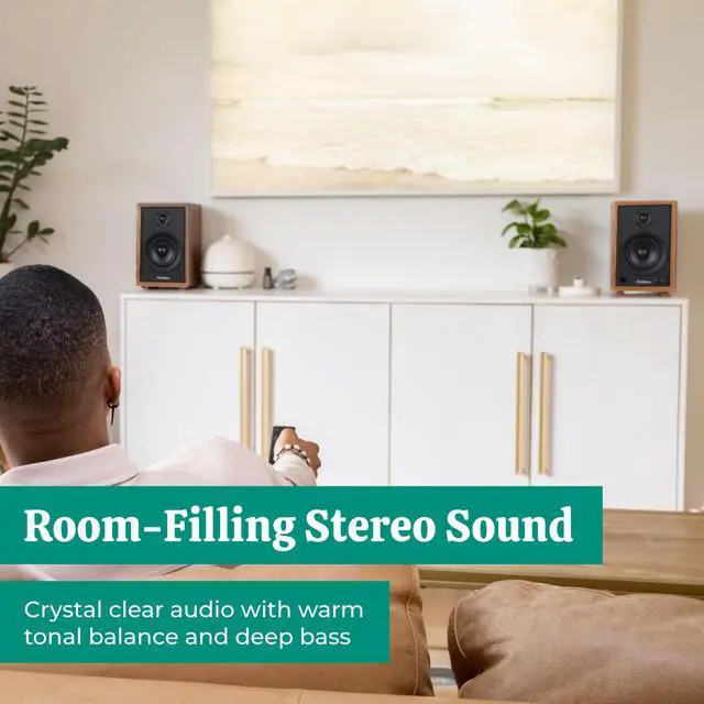 Alt view image 2 of 7 - Electrohome McKinley 2.0 Stereo Powered Bookshelf Speakers with Built-in Amplifier and 4" Drivers for Turntable, TV, PC and Wireless Music Streaming featuring Bluetooth 5, RCA and Aux (EB30)