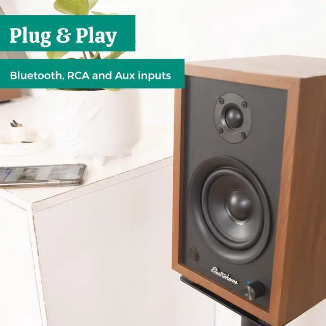 Alt view image 6 of 7 - Electrohome McKinley 2.0 Stereo Powered Bookshelf Speakers with Built-in Amplifier and 4" Drivers for Turntable, TV, PC and Wireless Music Streaming featuring Bluetooth 5, RCA and Aux (EB30)