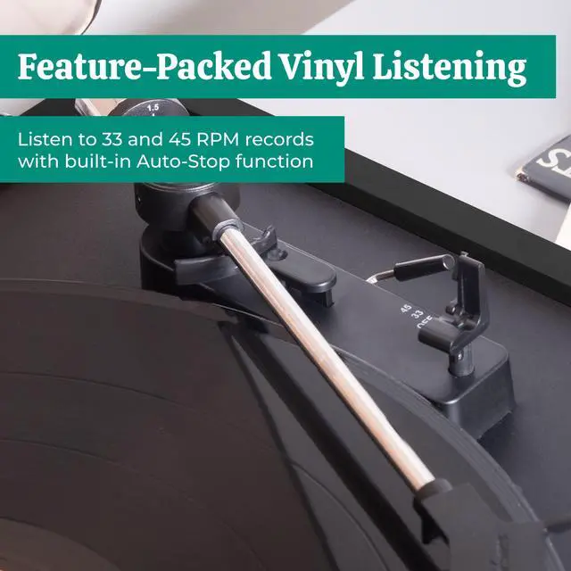 Alt view image 5 of 7 - Electrohome Montrose Vinyl Record Player 2-Speed Belt-Drive Turntable, with Audio-Technica Stylus, Speed Control Motor, Built-in Preamp, Wood Plinth, Anti-resonant Platter, Auto-Stop (RR35B)