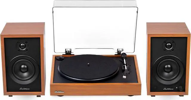 Main image of Electrohome Montrose Record Player Stereo System, 4" Bluetooth Powered Bookshelf Speakers, Belt-Drive Turntable with Audio-Technica Stylus, Speed Control Motor, Built-in Preamp, Wood Plinth