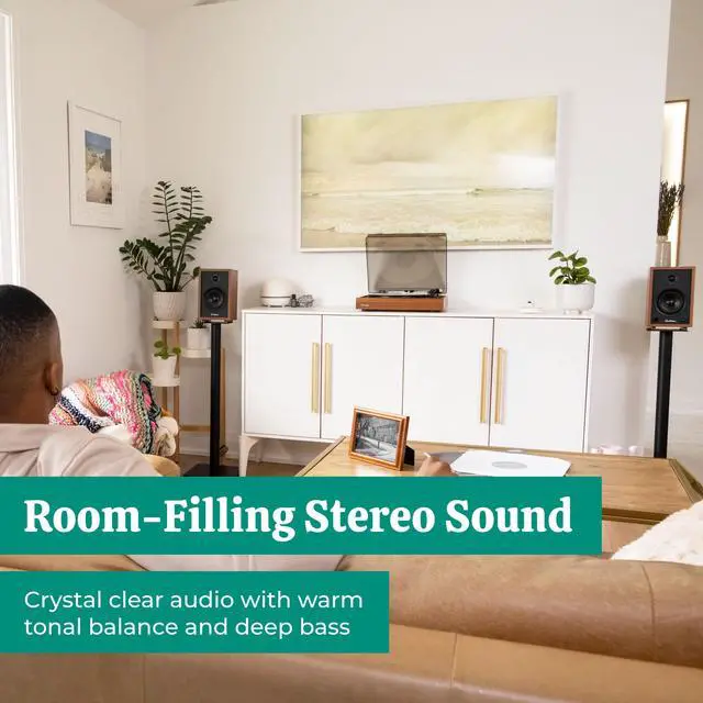 Alt view image 3 of 7 - Electrohome Montrose Record Player Stereo System, 4" Bluetooth Powered Bookshelf Speakers, Belt-Drive Turntable with Audio-Technica Stylus, Speed Control Motor, Built-in Preamp, Wood Plinth