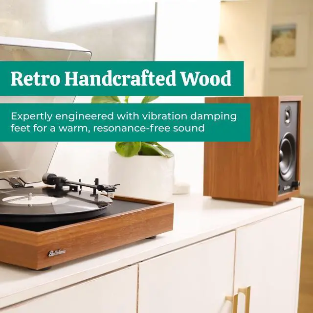 Alt view image 4 of 7 - Electrohome Montrose Record Player Stereo System, 4" Bluetooth Powered Bookshelf Speakers, Belt-Drive Turntable with Audio-Technica Stylus, Speed Control Motor, Built-in Preamp, Wood Plinth