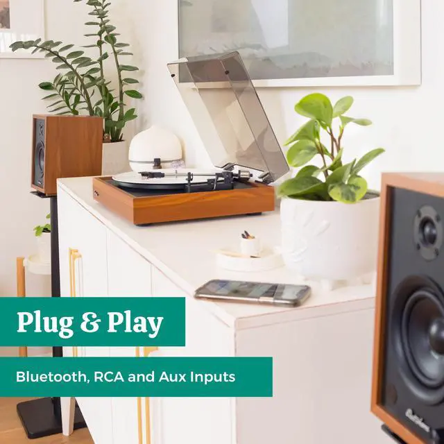 Alt view image 5 of 7 - Electrohome Montrose Record Player Stereo System, 4" Bluetooth Powered Bookshelf Speakers, Belt-Drive Turntable with Audio-Technica Stylus, Speed Control Motor, Built-in Preamp, Wood Plinth