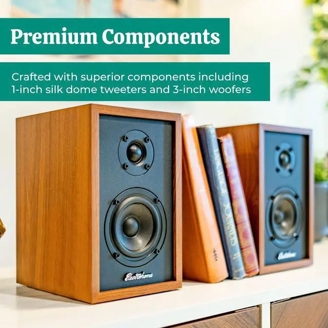 Alt view image 4 of 7 - Electrohome Montrose, Upgradable Vinyl Record Player with Berkeley, Powered Bluetooth Bookshelf Speakers, 1" Tweeter & 3" Driver, for Warm Natural Sound, Teak