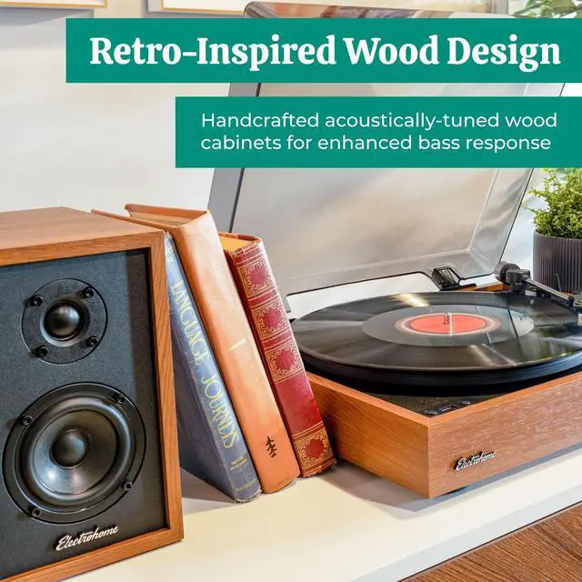 Alt view image 4 of 7 - Electrohome Montrose Wireless Upgradable Vinyl Record Player with Berkeley, Powered Bluetooth Bookshelf Speakers, 1" Tweeter & 3" Driver, for Natural Acoustics, Teak