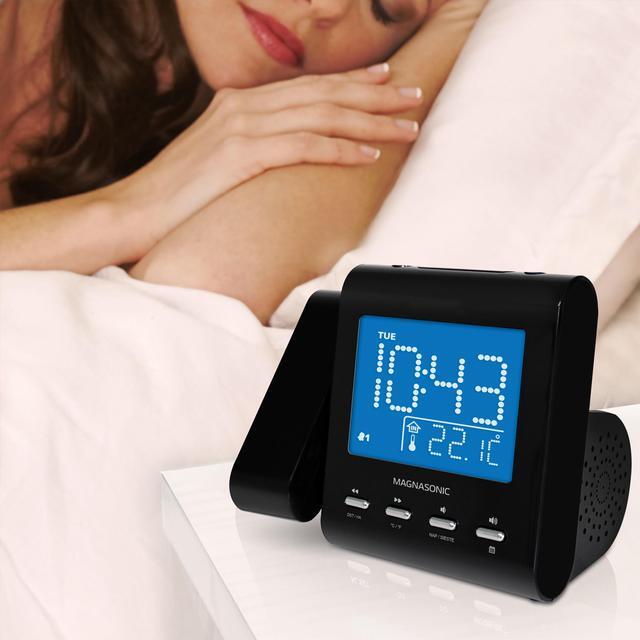 Alt view image 5 of 12 - Magnasonic Projection Alarm Clock with AM/FM Radio, Battery Backup, Auto Time Set, Dual Alarm, Nap/Sleep Timer, Indoor Temperature/Date Display with Dimming & 3.5mm Audio Input - Black (EAAC601)