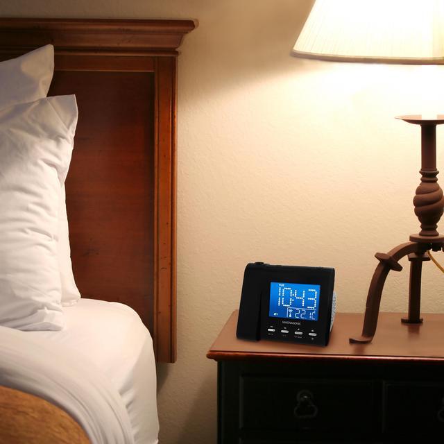 Alt view image 6 of 12 - Magnasonic Projection Alarm Clock with AM/FM Radio, Battery Backup, Auto Time Set, Dual Alarm, Nap/Sleep Timer, Indoor Temperature/Date Display with Dimming & 3.5mm Audio Input - Black (EAAC601)
