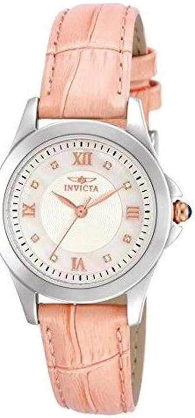 Alt view image 8 of 14 - Invicta 12544 Women's Diamond Angel Pink Genuine Leather White And White Mop Dial Ss Watch