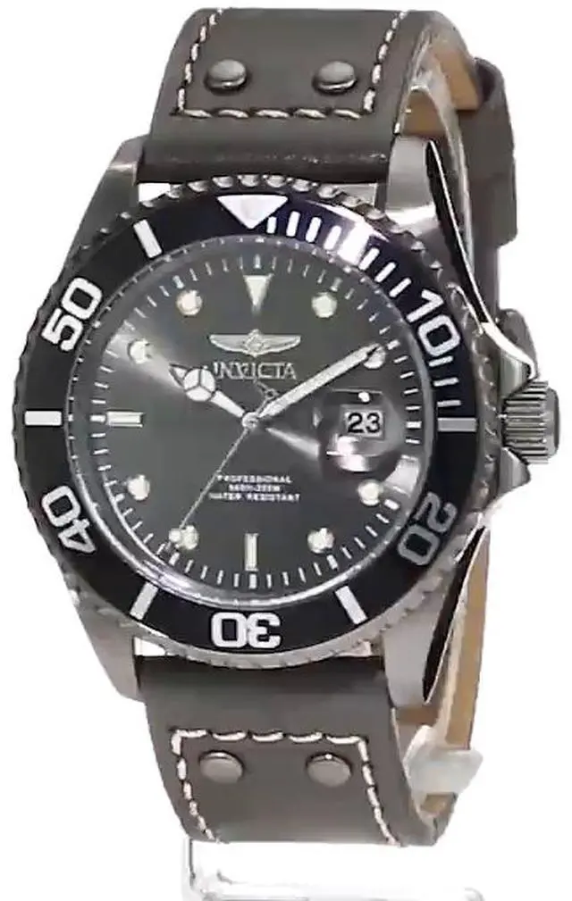 Alt view image 7 of 13 - Invicta 22077 Men's Pro Diver Grey Genuine Calf Leather Gunmetal Dial Gunmetal Ip Ss Watch