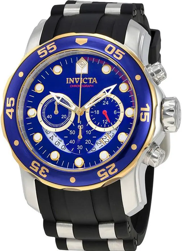 Alt view image 9 of 14 - Invicta 22971 Men's Pro Diver Chronograph Black Silicone Blue Dial Two-Tone Bezel Watch
