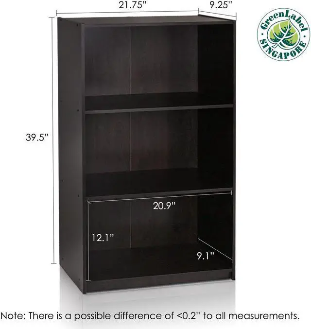 Alt view image 2 of 12 - Furinno Espresso 99736EX Basic 3-Tier Bookcase Storage Shelves