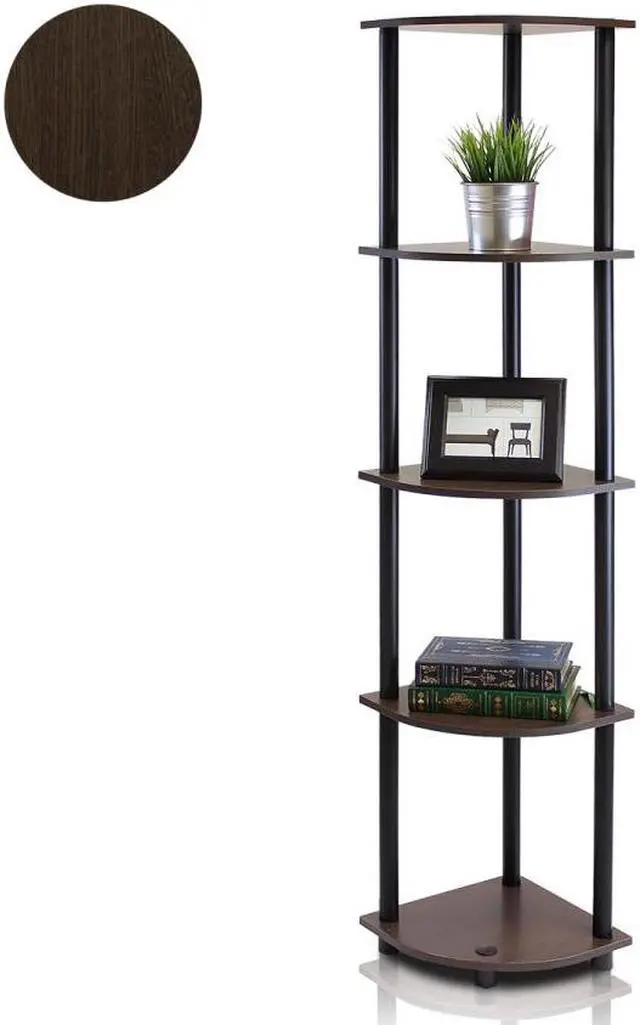 Main image of Furinno 99811DB-WG/BK Turn n Tube 5 Tier Corner Display Rack Multipurpose Shelving Unit, Dark Brown Grain/Black