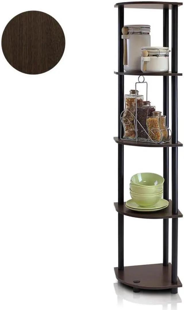 Alt view image 2 of 4 - Furinno 99811DB-WG/BK Turn n Tube 5 Tier Corner Display Rack Multipurpose Shelving Unit, Dark Brown Grain/Black