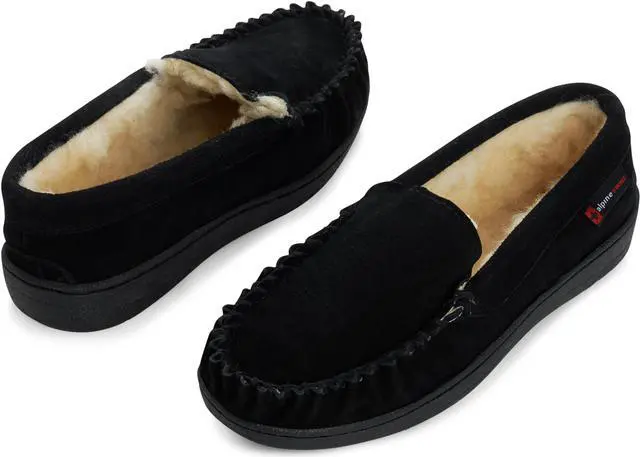 Alt view image 6 of 6 - Alpine Swiss Yukon Mens Suede Shearling Moccasin Slippers Moc Toe Slip On Shoes