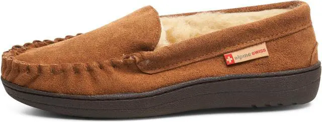 Alt view image 4 of 6 - Alpine Swiss Yukon Mens Suede Shearling Moccasin Slippers Moc Toe Slip On Shoes