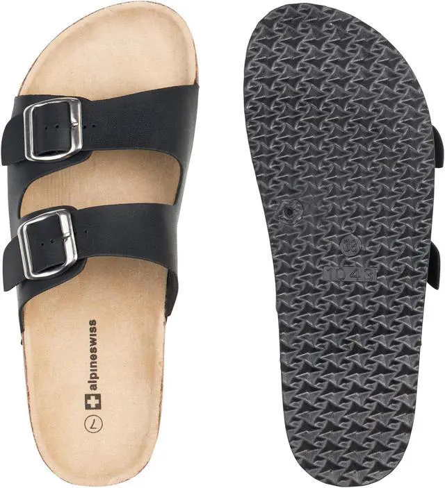 Alt view image 4 of 7 - Alpine Swiss Womens Double Strap Contour Sandals Slip on Buckle Slides Vegan Leather Footbed Sandal Ergonomic Cork-Inspired Sole Summer Footwear