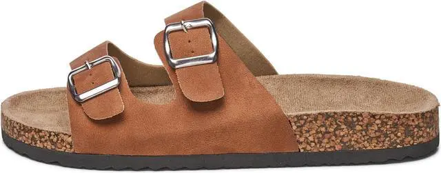 Alt view image 2 of 5 - Alpine Swiss Mens Double Strap Contour Sandals Slip on Buckle Slides Vegan Leather Footbed Sandal Ergonomic Cork-Inspired Sole Summer Footwear