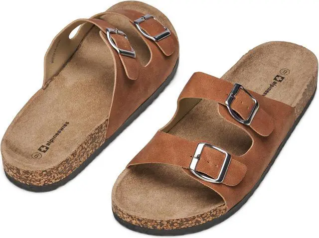 Alt view image 4 of 5 - Alpine Swiss Mens Double Strap Contour Sandals Slip on Buckle Slides Vegan Leather Footbed Sandal Ergonomic Cork-Inspired Sole Summer Footwear