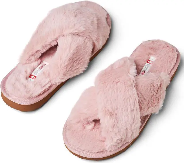 Alt view image 4 of 7 - Alpine Swiss Women Fuzzy Fluffy Faux Fur Slippers Memory Foam Indoor House Shoes