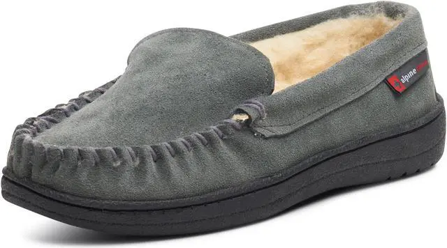 Main image of Alpine Swiss Yukon Mens Suede Shearling Moccasin Slippers Moc Toe Slip On Shoes