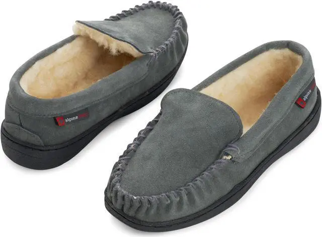 Alt view image 6 of 6 - Alpine Swiss Yukon Mens Suede Shearling Moccasin Slippers Moc Toe Slip On Shoes