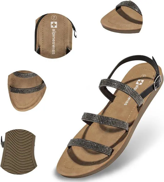 Alt view image 2 of 7 - Alpine Swiss Womens Strappy Rhinestone Sandals Gladiator Ankle Strap Flat Shoes