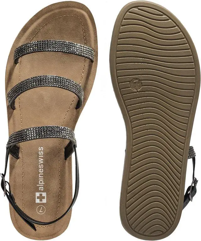 Alt view image 3 of 7 - Alpine Swiss Womens Strappy Rhinestone Sandals Gladiator Ankle Strap Flat Shoes