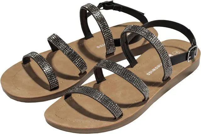 Alt view image 7 of 7 - Alpine Swiss Womens Strappy Rhinestone Sandals Gladiator Ankle Strap Flat Shoes