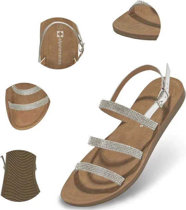 Alt view image 2 of 7 - Alpine Swiss Womens Strappy Rhinestone Sandals Gladiator Ankle Strap Flat Shoes