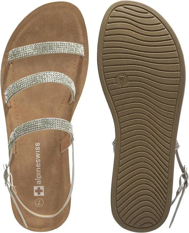 Alt view image 3 of 7 - Alpine Swiss Womens Strappy Rhinestone Sandals Gladiator Ankle Strap Flat Shoes