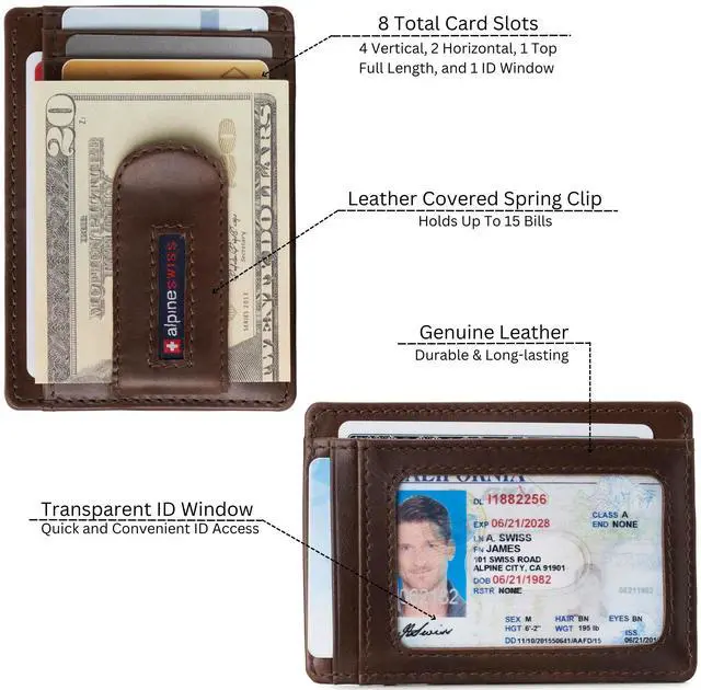 Alt view image 3 of 7 - Alpine Swiss Mens RFID Money Clip Leather Minimalist Wallet Card Case ID Window