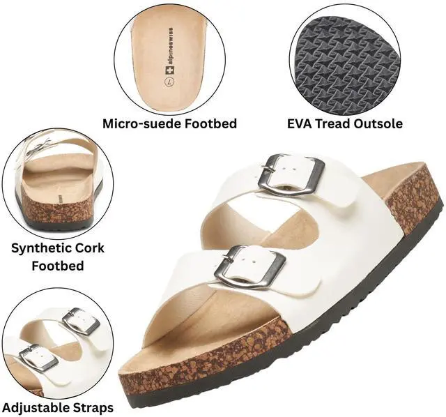 Alt view image 3 of 7 - Alpine Swiss Double Strap Slides Womens Footbed Sandals Slip On Slides with Buckles Flat Sandals For Women Everyday Wear Support Women Cork Sandals