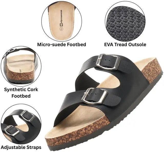 Alt view image 3 of 7 - Alpine Swiss Womens Double Strap Contour Sandals Slip on Buckle Slides Vegan Leather Footbed Sandal Ergonomic Cork-Inspired Sole Summer Footwear