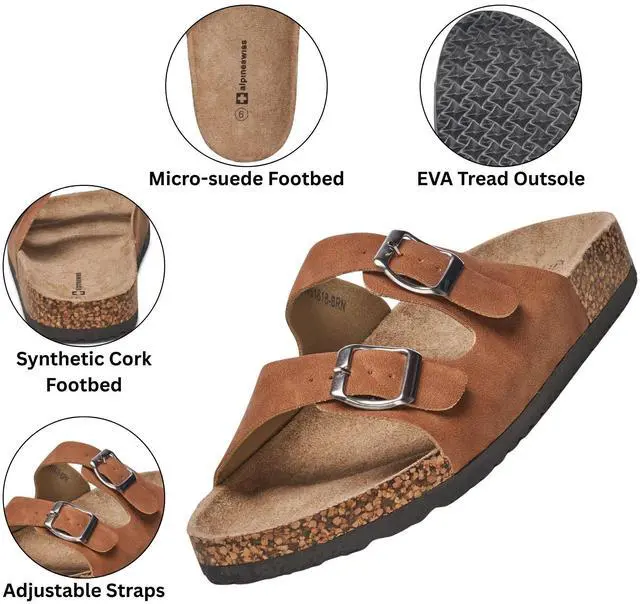 Alt view image 3 of 5 - Alpine Swiss Mens Double Strap Contour Sandals Slip on Buckle Slides Vegan Leather Footbed Sandal Ergonomic Cork-Inspired Sole Summer Footwear