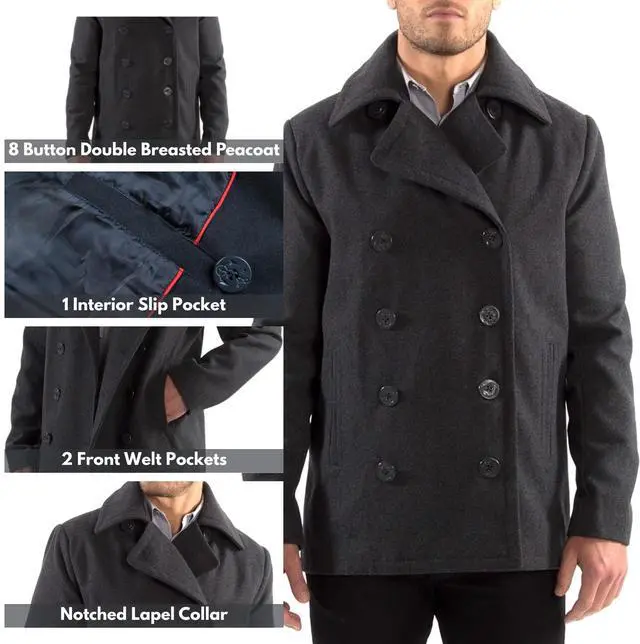 Alt view image 3 of 7 - Alpine Swiss Mason Mens Wool Blend Pea Coat Jacket Double Breasted Dress Coat