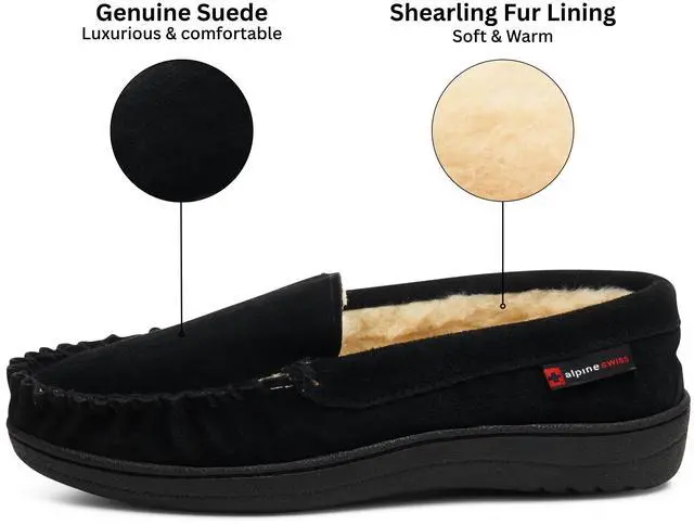 Alt view image 3 of 6 - Alpine Swiss Yukon Mens Suede Shearling Moccasin Slippers Moc Toe Slip On Shoes