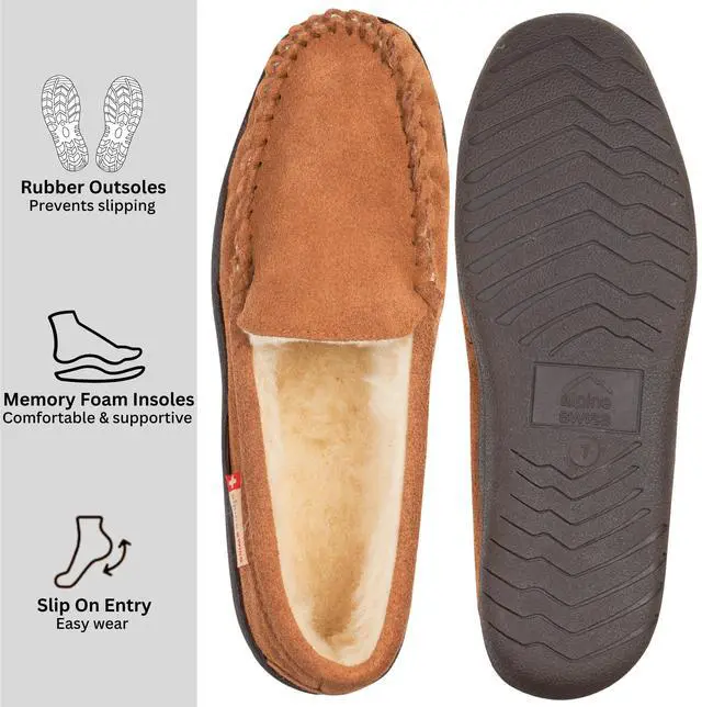 Alt view image 2 of 6 - Alpine Swiss Yukon Mens Suede Shearling Moccasin Slippers Moc Toe Slip On Shoes