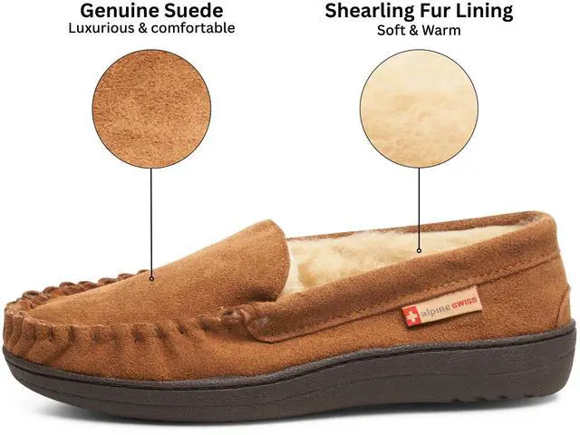Alt view image 3 of 6 - Alpine Swiss Yukon Mens Suede Shearling Moccasin Slippers Moc Toe Slip On Shoes