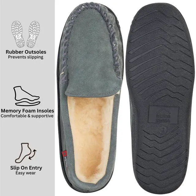 Alt view image 2 of 6 - Alpine Swiss Yukon Mens Suede Shearling Moccasin Slippers Moc Toe Slip On Shoes