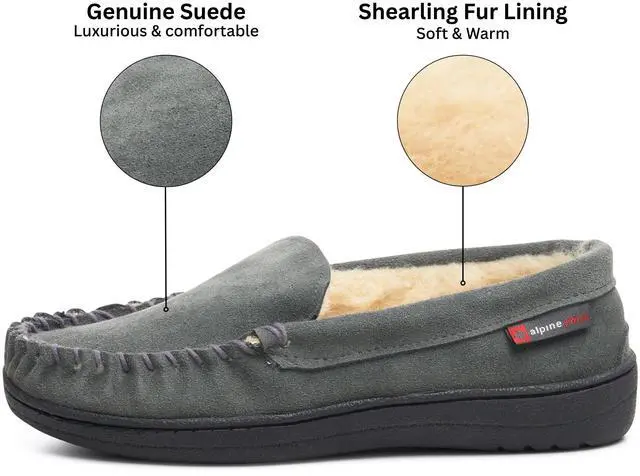 Alt view image 3 of 6 - Alpine Swiss Yukon Mens Suede Shearling Moccasin Slippers Moc Toe Slip On Shoes