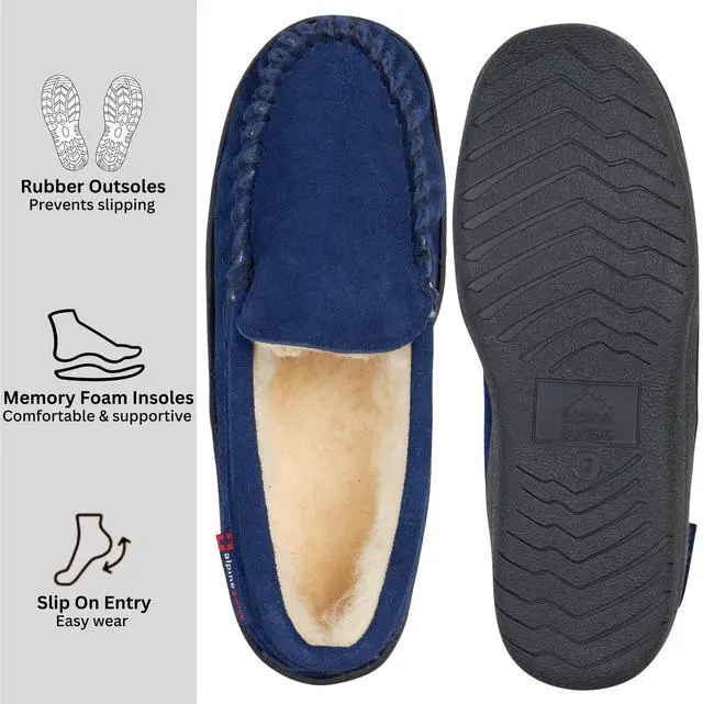 Alt view image 2 of 6 - Alpine Swiss Yukon Mens Suede Shearling Moccasin Slippers Moc Toe Slip On Shoes