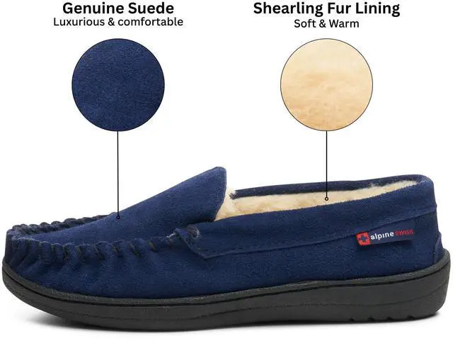 Alt view image 3 of 6 - Alpine Swiss Yukon Mens Suede Shearling Moccasin Slippers Moc Toe Slip On Shoes