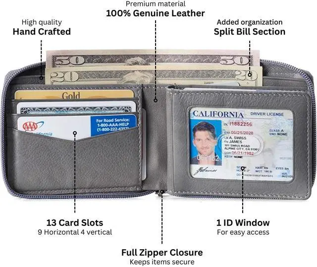 Alt view image 3 of 6 - Alpine Swiss Logan Zipper Bifold Wallet | All-Around Zip Closure | 13 Card Slots 2 Bill Sections | RFID Protected Premium Leather | Gift Box