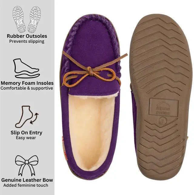 Alt view image 3 of 7 - Alpine Swiss Sabine Womens Suede Shearling Moccasin Slippers House Shoes Slip On