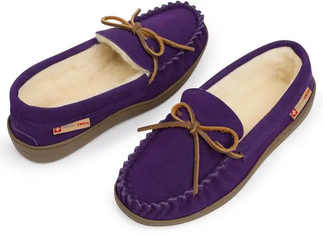 Alt view image 4 of 7 - Alpine Swiss Sabine Womens Suede Shearling Moccasin Slippers House Shoes Slip On