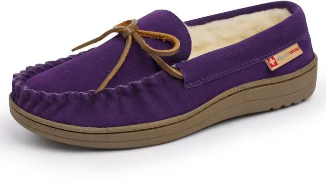 Main image of Alpine Swiss Sabine Womens Suede Shearling Moccasin Slippers House Shoes Slip On